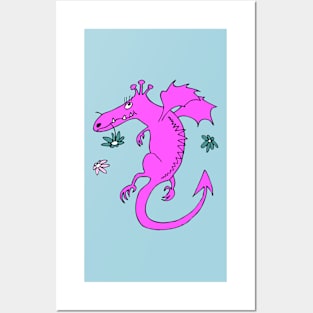 cute happy dragon in pink with flowers Posters and Art